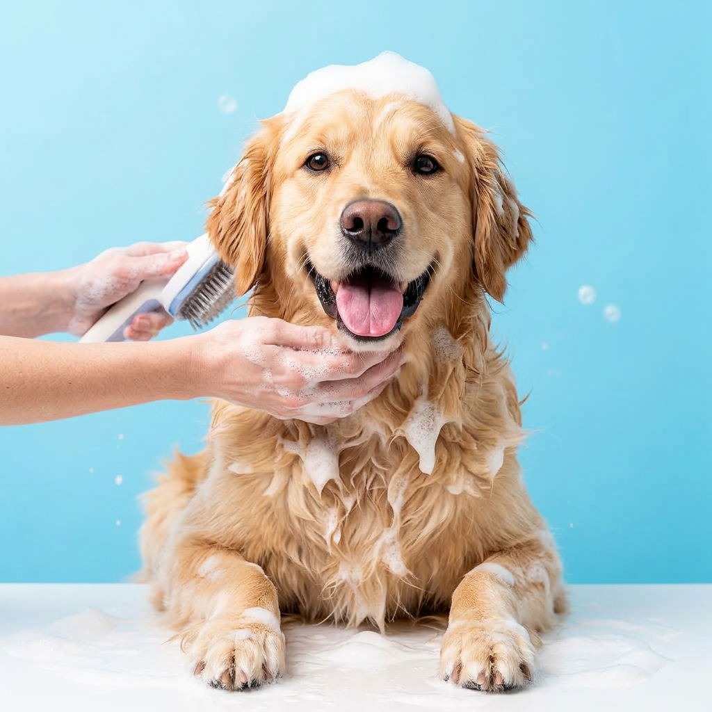 Happy fluffy dog being lovingly groomed with soft suds